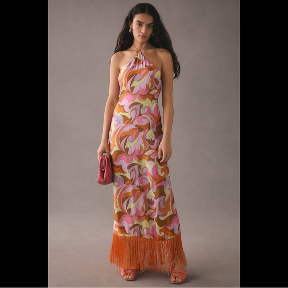 Anthropologie Delfi Collective Halter Fringe Maxi Dress Medium Retro Event - Picture 1 of 16